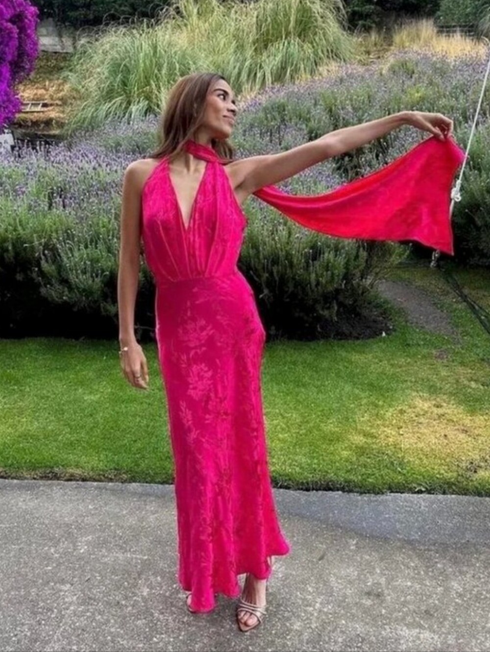 ZARA SCARF  JACQUARD LONG DRESS PINK SIZE XS